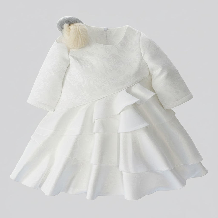 Vintage Flower Girl Dress – Girls White Jacquard Satin Dress with Layered Tulle for Wedding & Special Occasions (Ages 2–10)