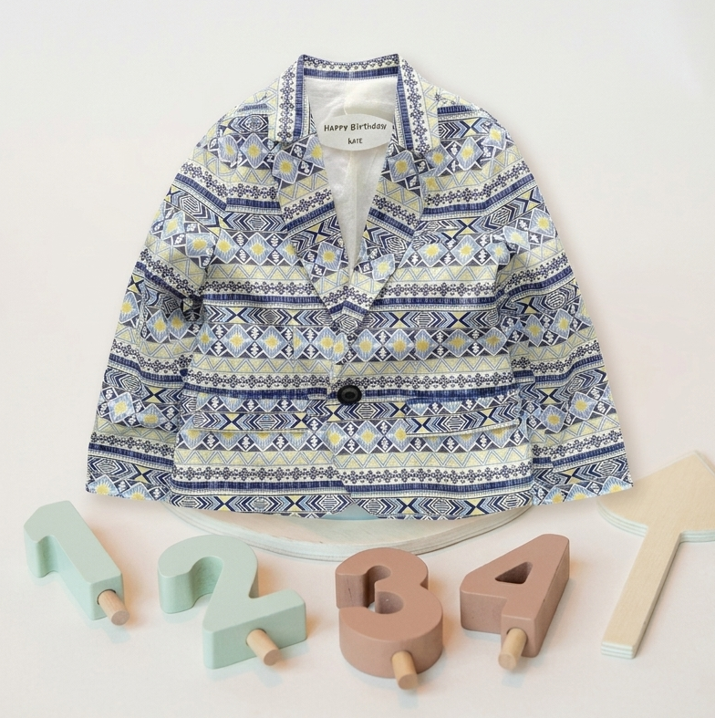 Boys Blue Floral Cotton Blazer (Size 110 | 4–5 Years) | Artistic Print Smart Casual & Wedding Jacket