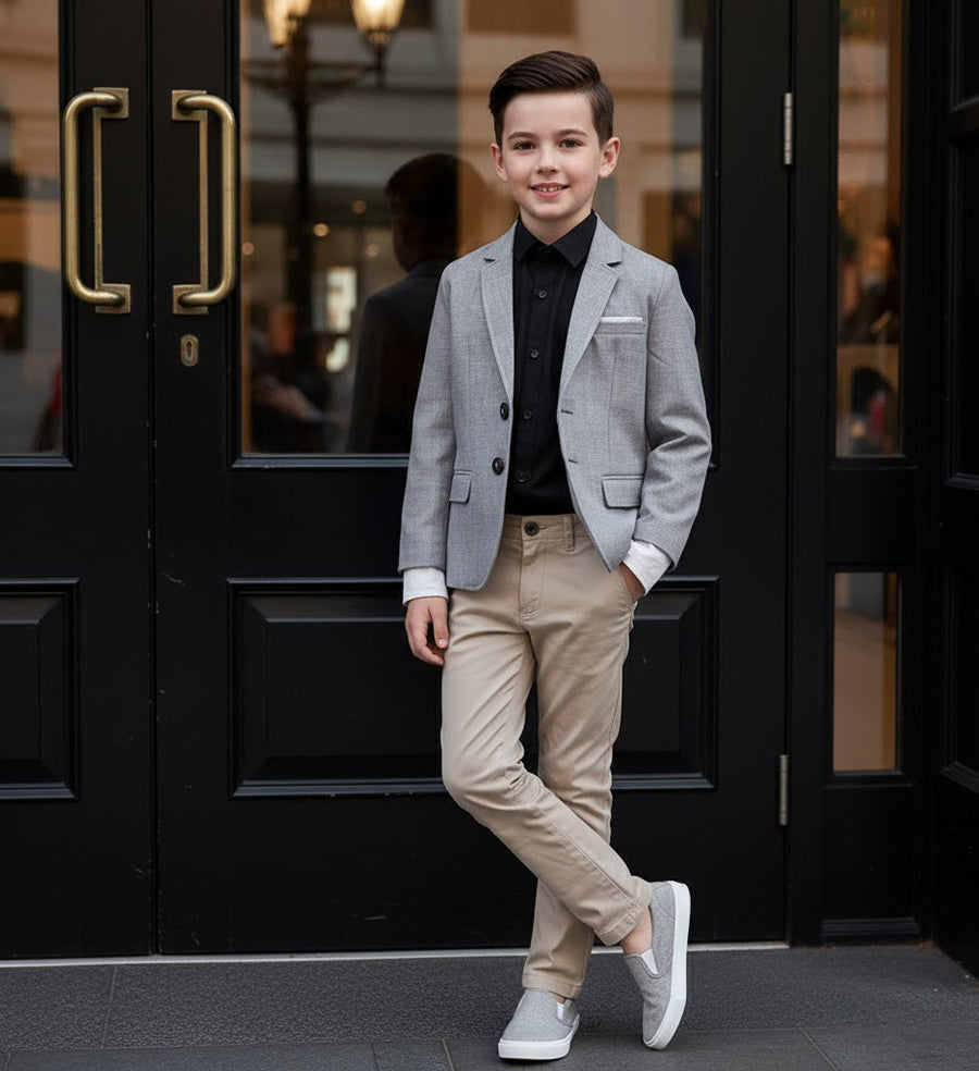 Boys grey Casual Blazer with Double Cuffs Short Suit Jacket 3–10 Y party XMAS