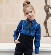 Girls Long Sleeve Cotton Blouse with Bow – Vintage Style Shirt Top