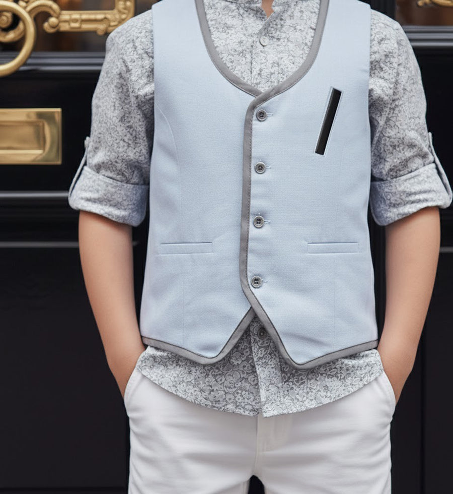 Boys Light Blue Cotton Vest Vintage Casual Style waistcoat 3–7 Y party wear XMAS