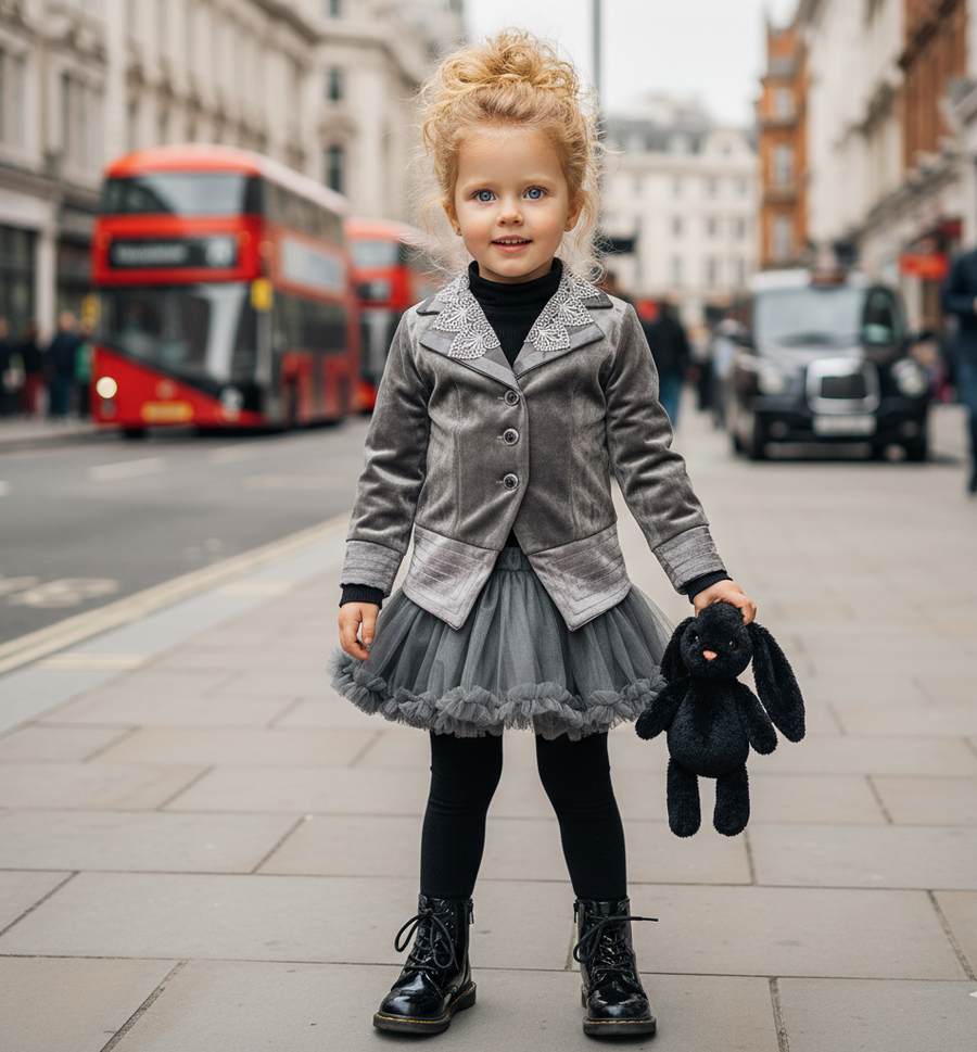 Girls Velvet Blazer 3-4-5-6-7-8-9ys Silver Grey floral Jacket with Lace Collar