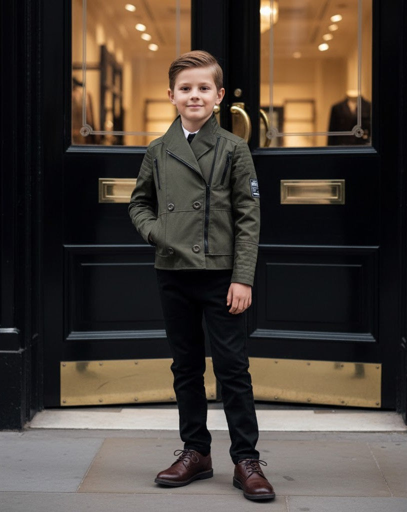 Boys' military Spring Autumn Jacket Cotton Wool Blend Green Black Coat 4-9Y