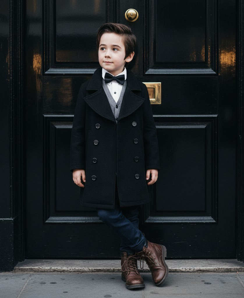 Boys Black Cashmere Coat Stylish & high end vintage jacket Outerwear 3-12Y