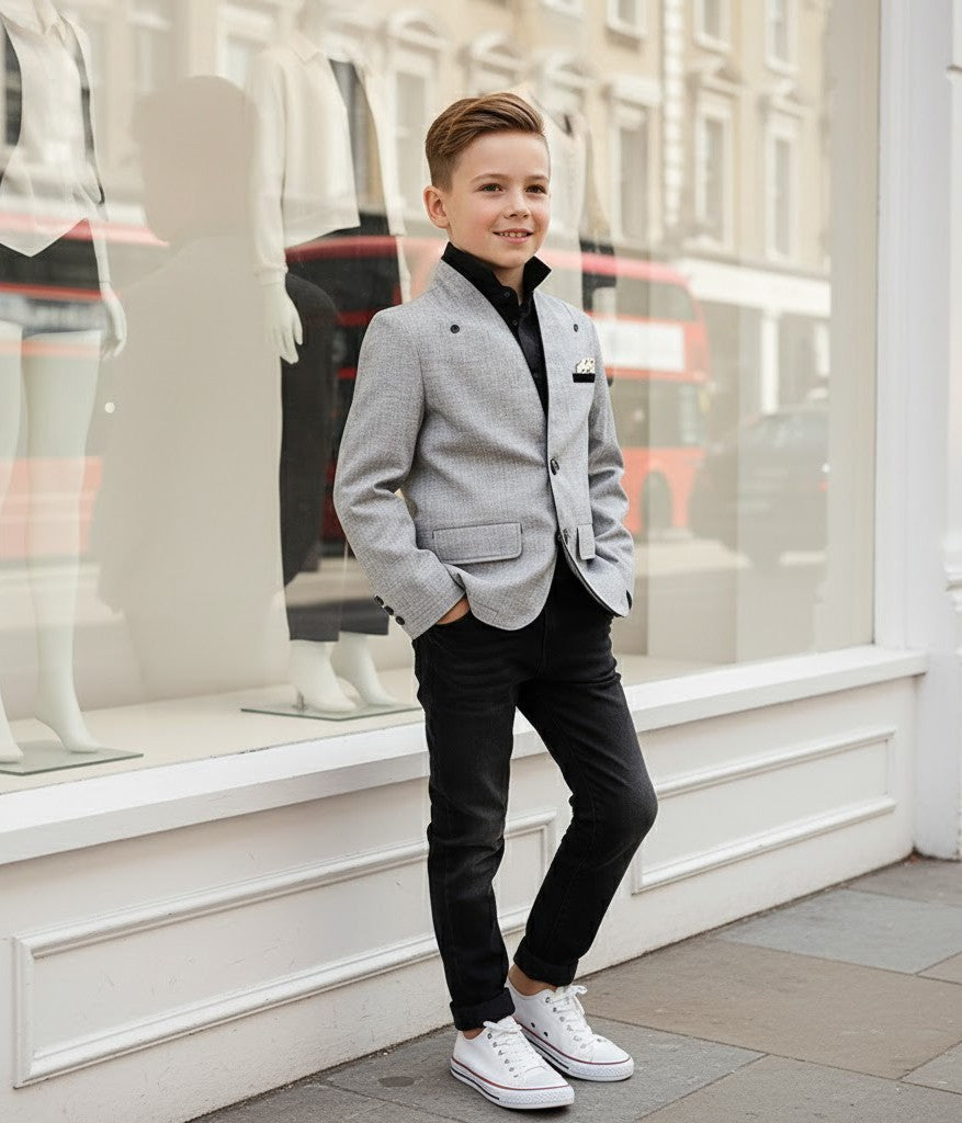 Boys Grey Formal Blazer Elegant V-Neck Casual Suit Jacket for Ages 3-9 Ys xmas