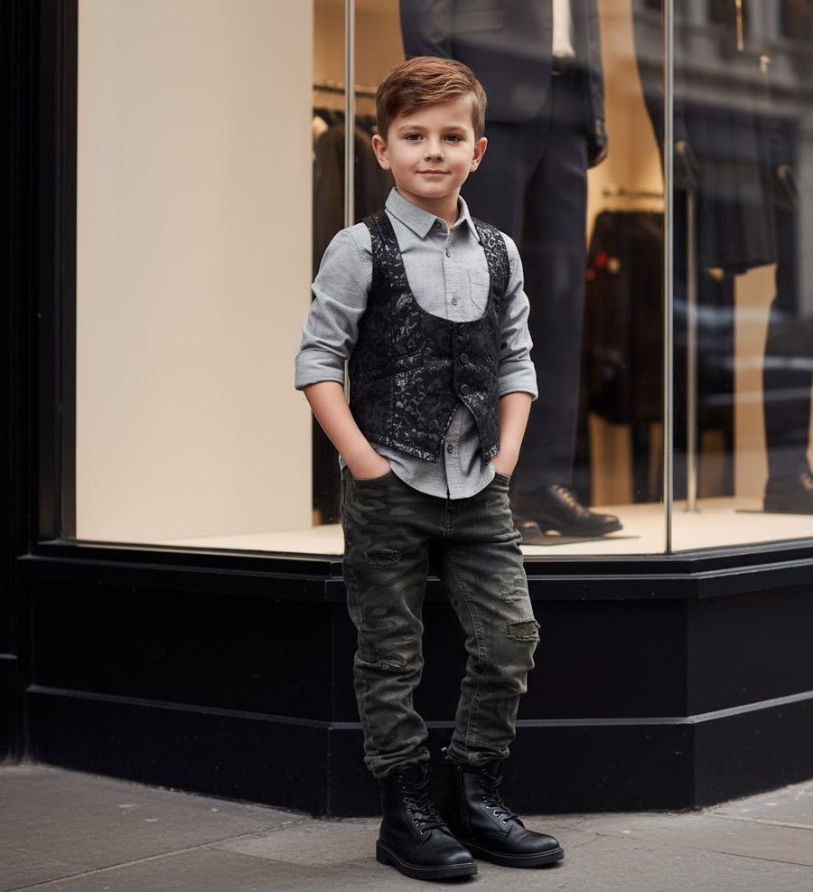 Boys Black Brocade Formal Vest Waistcoat (4–9 Years) XMAS party Wear birthday