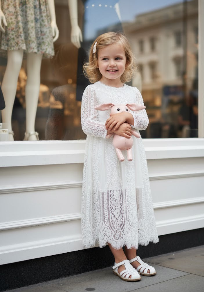 Vintage snow white Long Lace Fairy Dress for Girls Extra Long Hollow Design 2-4Y