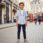 Boys Bright Blue Formal Short Sleeve Blazer3-12Y cotton  Jacket birthday suit