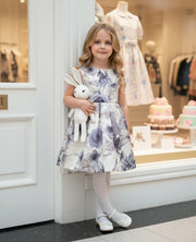 Girls Smoke Grey Sleeveless Floral Cocktail Dress with Elegant Bow