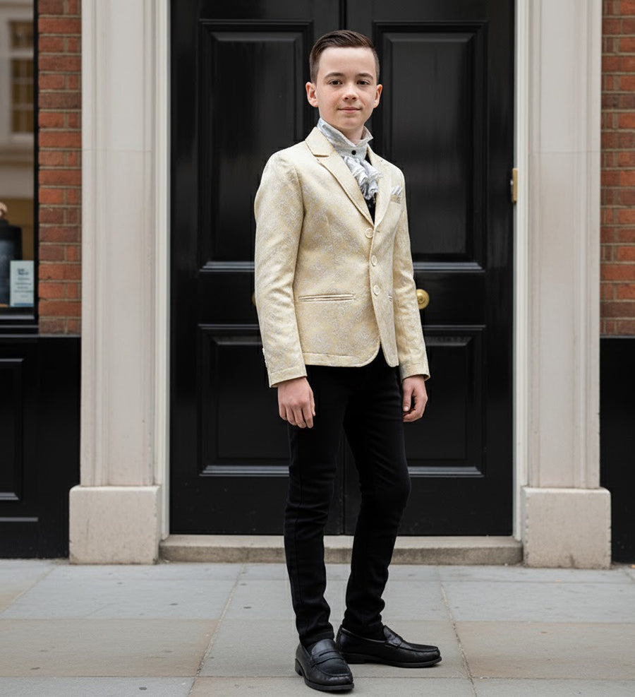 Boys' Gold Jacquard Blazer – High-End Formal Suit Jacket for Ages 8-12 Years