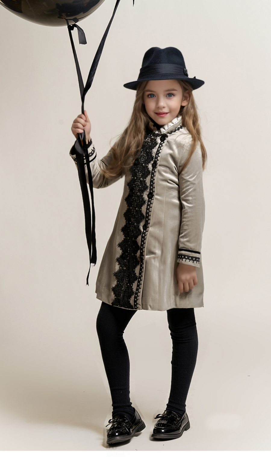 Girls Coat 3-10 y autumn Vintage Velvet Embroidered fashion Long Coat Green grey