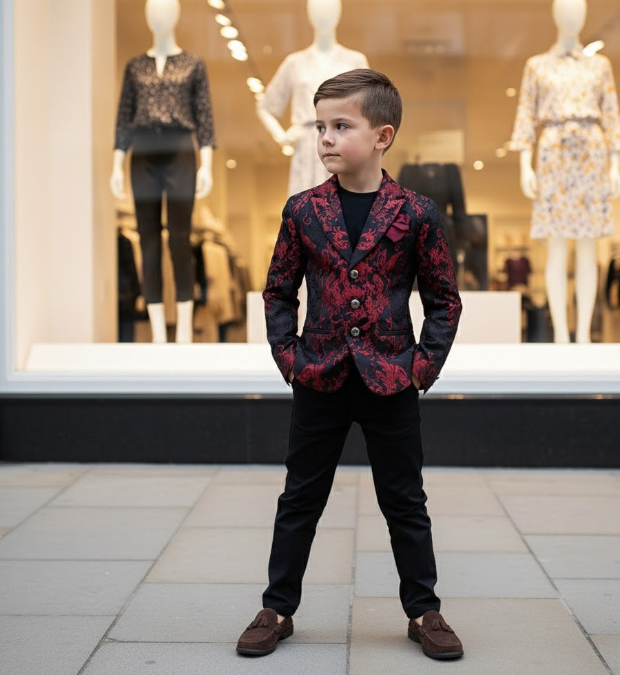 Boys red black Blazer 4-12Y Slim Fit Tuxedo Jacket for brithday christmas Party