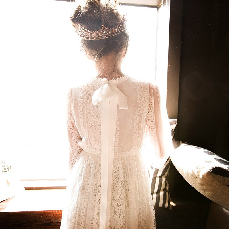 Vintage snow white Long Lace Fairy Dress for Girls Extra Long Hollow Design 2-4Y