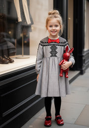 Girls’ Grey Velvet-Cotton long Dress Vintage Black Lace  3–10Y christmas gift