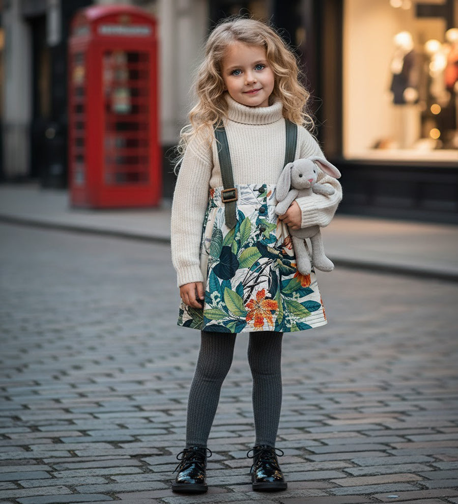 Girls Floral Cotton Skirt with Straps – Vintage Style Mini Skirt