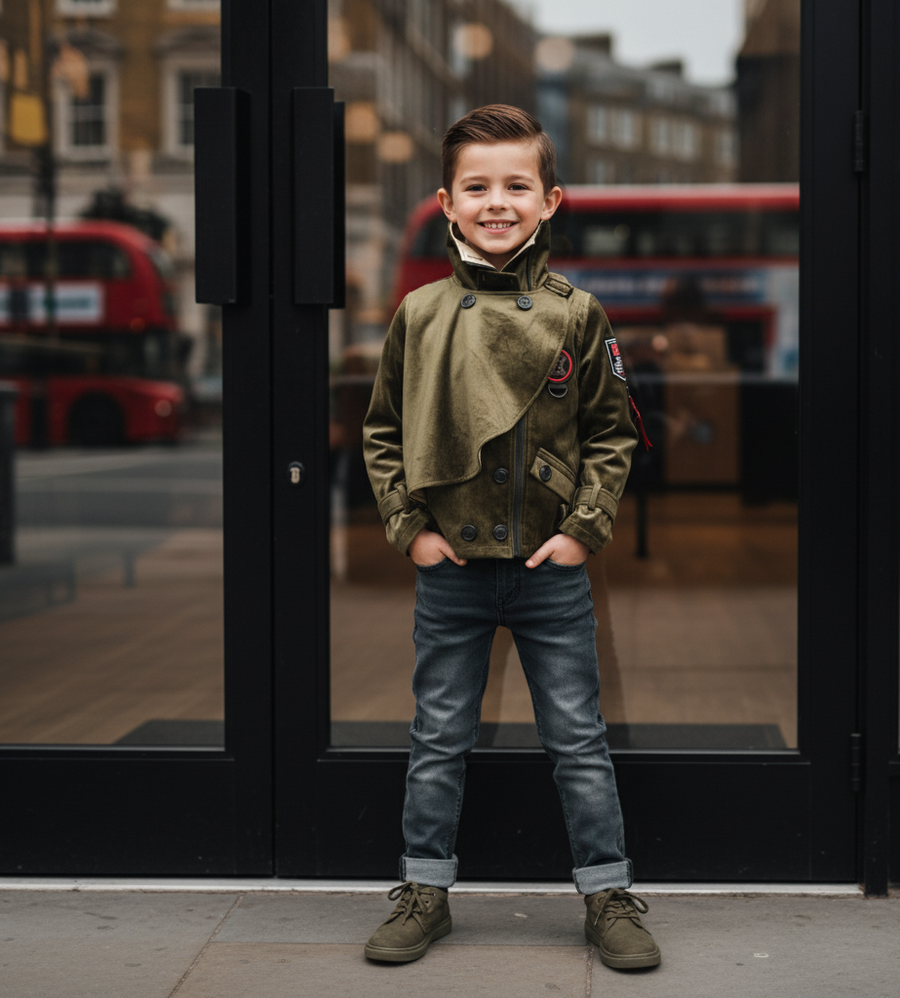 Boys' Cotton Velvet Double-Breasted Trench Coat – Short Wind Jacket 3-7Y