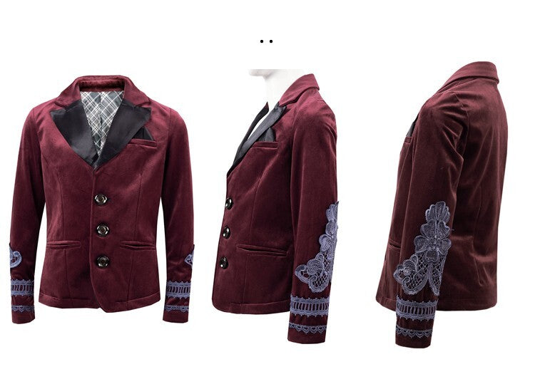 Boys Dark Red Velvet Blazer Vintage Style with Lace party xmas wear 6–14 Yrs