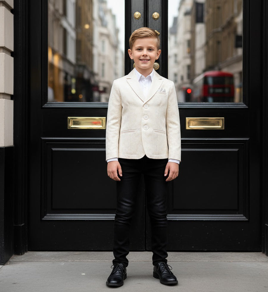 Boys' Gold Jacquard Blazer – High-End Formal Suit Jacket for Ages 8-12 Years