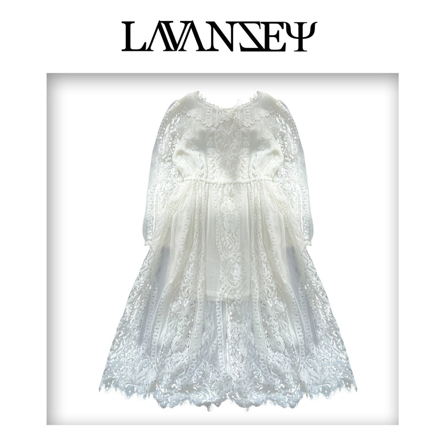 Vintage snow white Long Lace Fairy Dress for Girls Extra Long Hollow Design 2-4Y