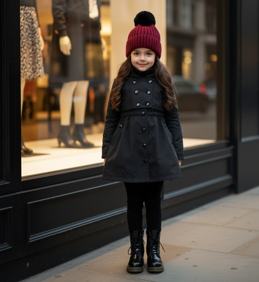 Girls Autumn/spring 2025 Cotton Trench Dress Windproof Black/green Coat 3-7Y kid