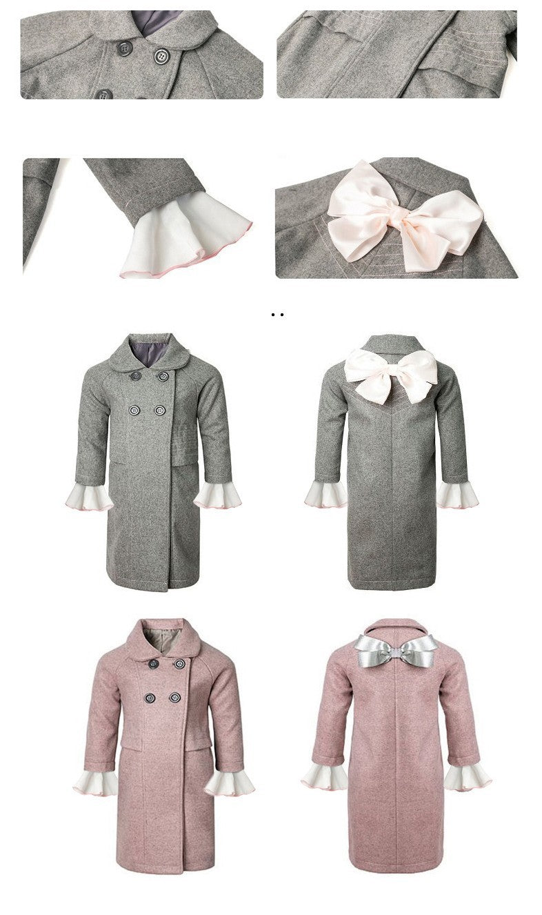 Girls' Woolen Winter long Coat  beautiful Warm Jacket Grey/Pink 3–9 Years