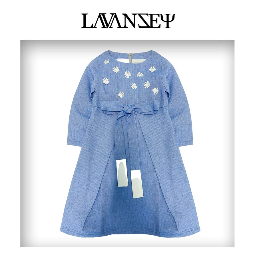 Girls blue Cotton Dress vintage long skirt Cotton Lining princess party  Xmas