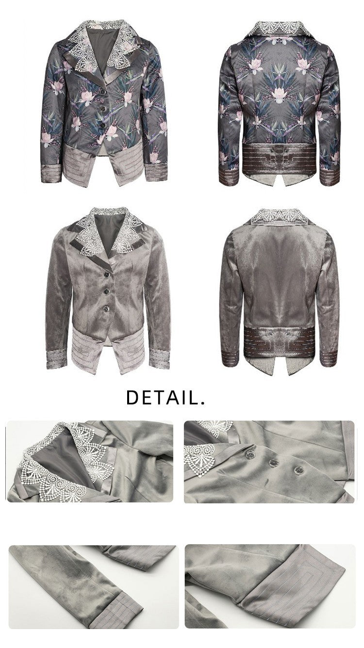 Girls Velvet Blazer 3-4-5-6-7-8-9ys Silver Grey floral Jacket with Lace Collar