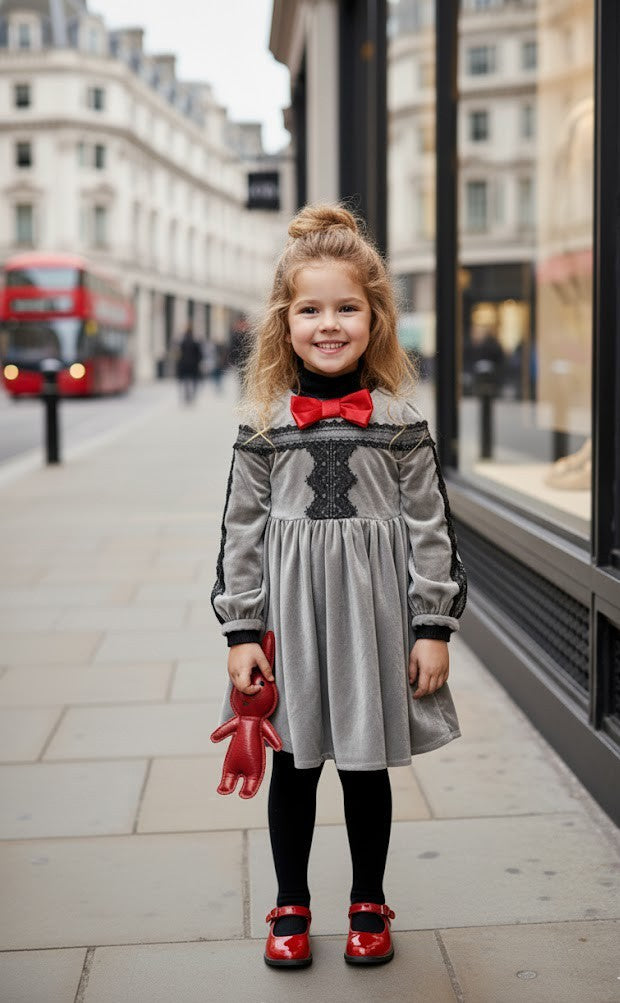 Girls’ Grey Velvet-Cotton long Dress Vintage Black Lace  3–10Y christmas gift