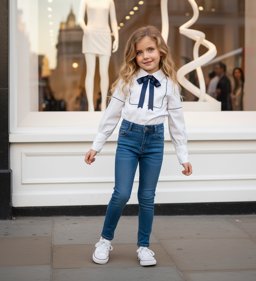 Girls Long Sleeve Cotton Blouse with Bow – Vintage Style Shirt Top