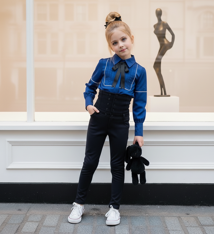 Girls Long Sleeve Cotton Blouse with Bow – Vintage Style Shirt Top