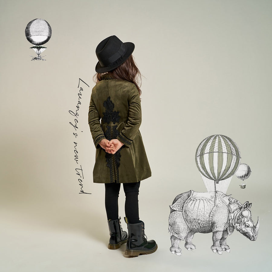 Girls Coat 3-10 y autumn Vintage Velvet Embroidered fashion Long Coat Green grey