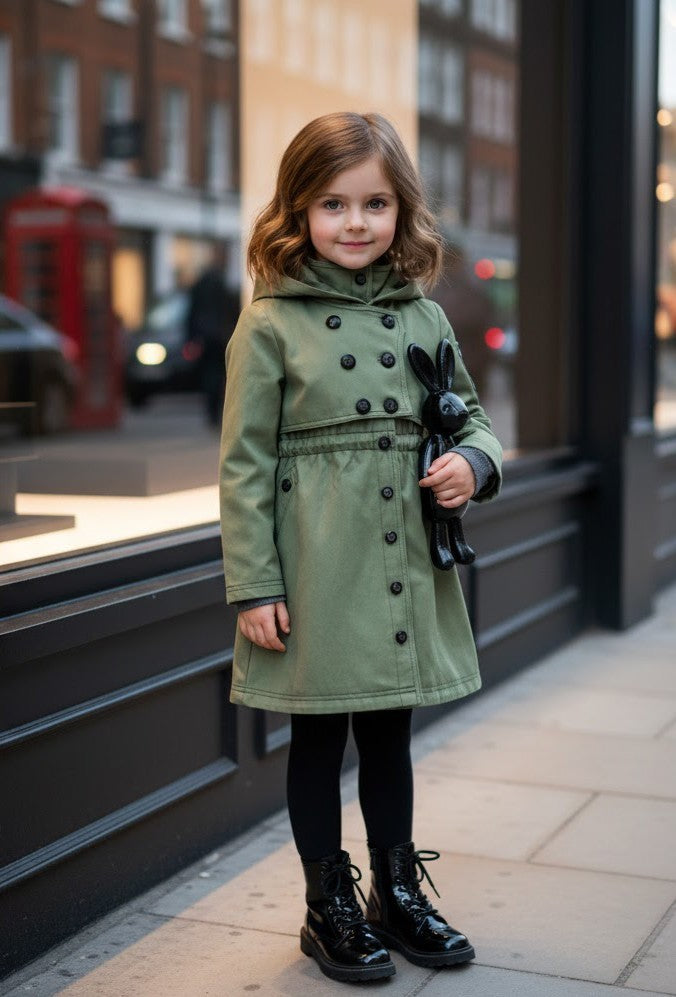 Girls Autumn/spring 2025 Cotton Trench Dress Windproof Black/green Coat 3-7Y kid