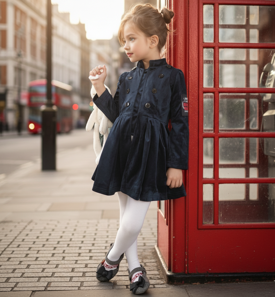 Girls Trench Coat Dress 3-4-5 y 2025 new Vintage Navy blue Velvet A-Line dress