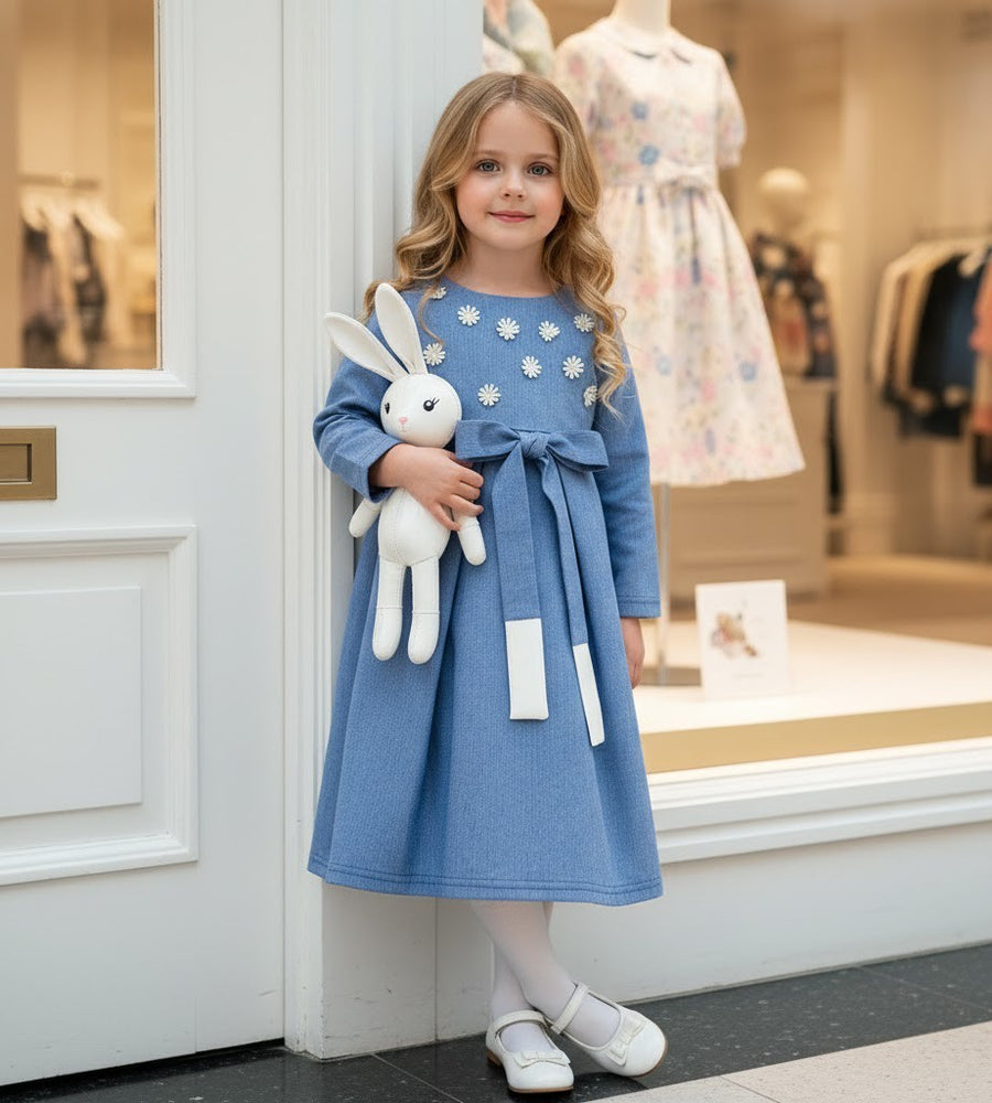 Girls blue Cotton Dress vintage long skirt Cotton Lining princess party  Xmas