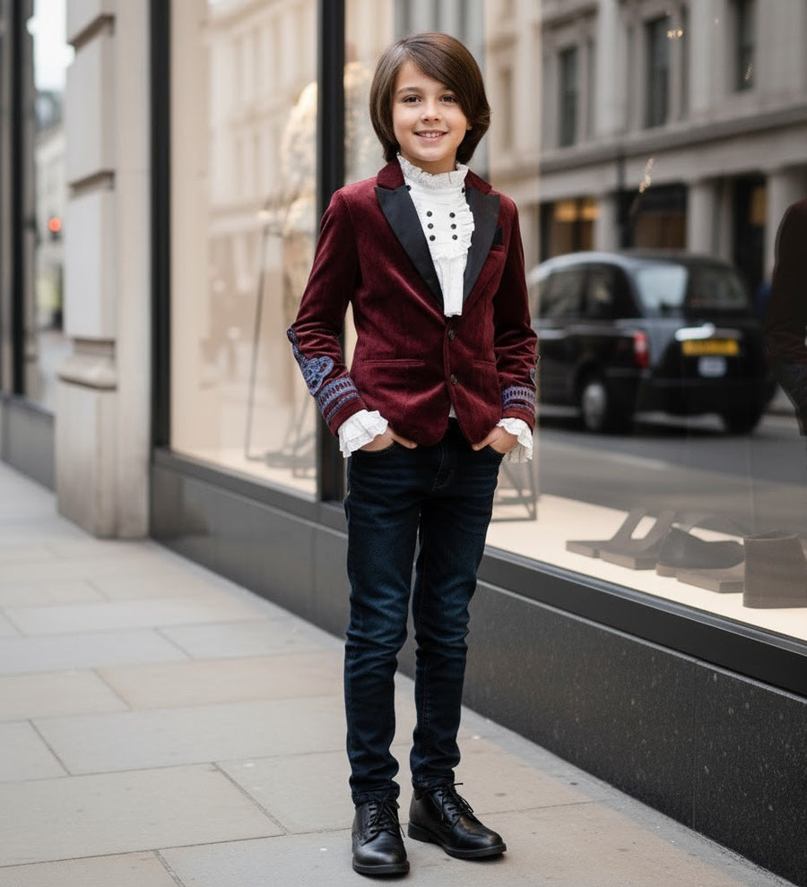 Boys Dark Red Velvet Blazer Vintage Style with Lace party xmas wear 6–14 Yrs