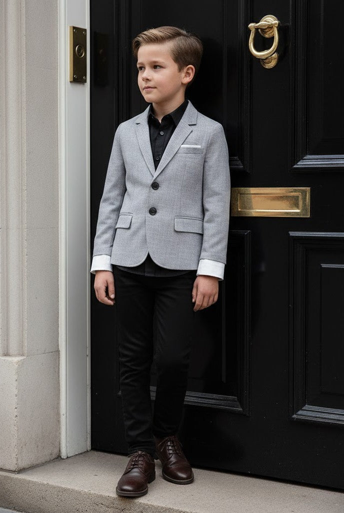 Boys grey Casual Blazer with Double Cuffs Short Suit Jacket 3–10 Y party XMAS