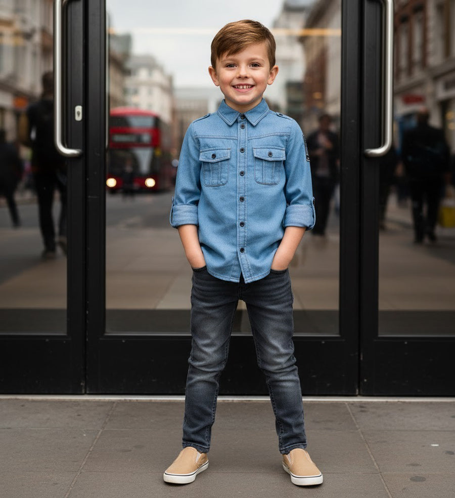 Boys Smart Casual Shirt Military Design Cotton Long Sleeve Top Ages 4-9Y School