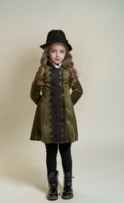 Girls Coat 3-10 y autumn Vintage Velvet Embroidered fashion Long Coat Green grey