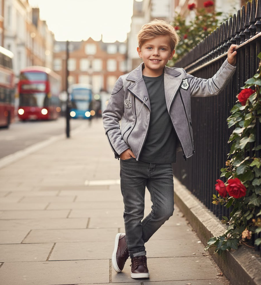 Boys' Velvet Jacket 3-9Y  Light Grey & Green Stylish Fall/Winter Casual top kids