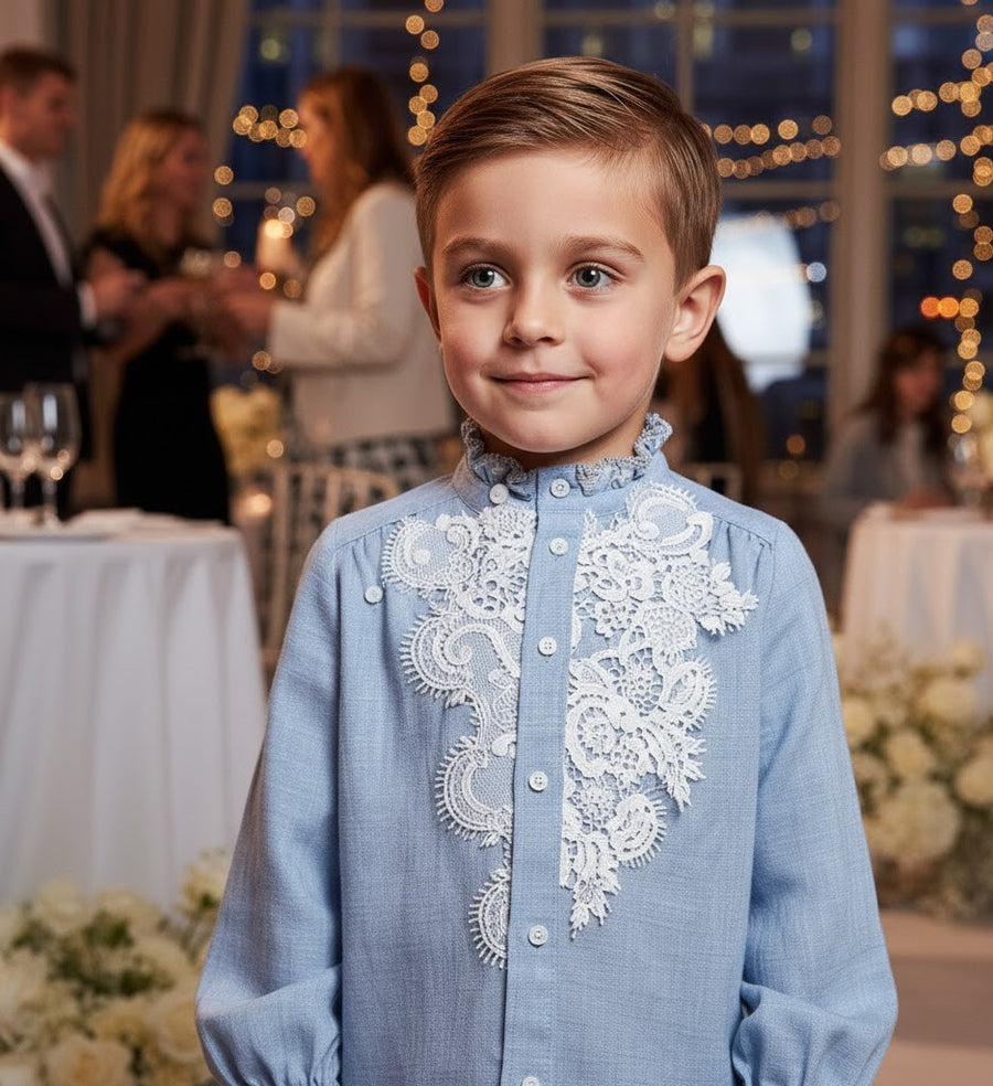 Boys Blue Lace Long Sleeve Shirt, Vintage Style Special Occasions 6-7 year 130cm