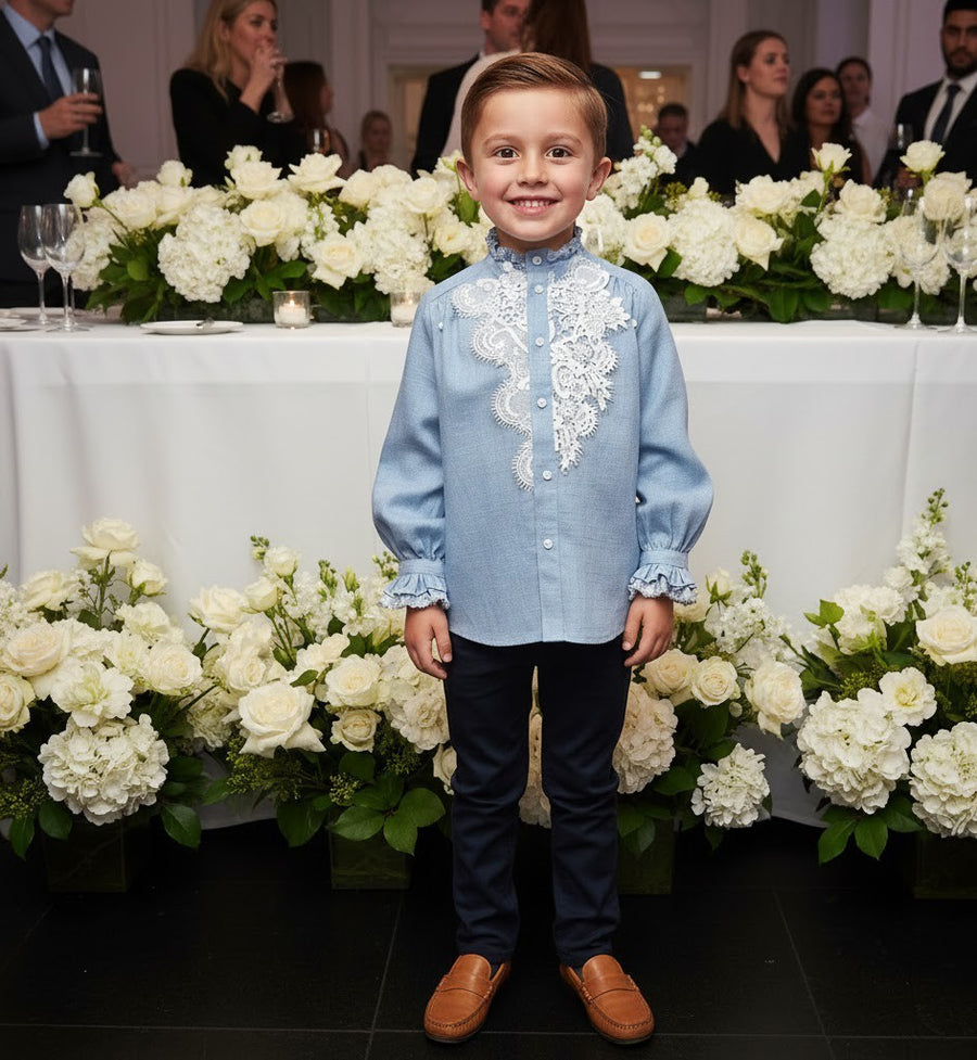 Boys Blue Lace Long Sleeve Shirt, Vintage Style Special Occasions 6-7 year 130cm
