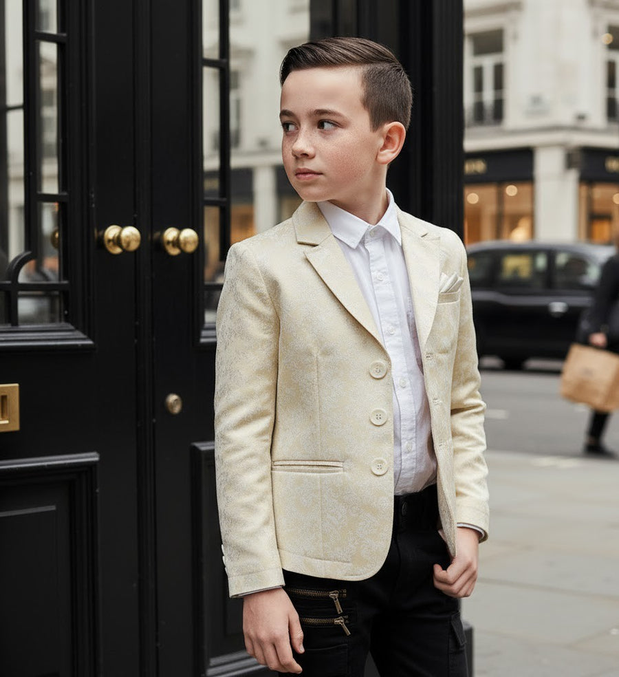 Boys' Gold Jacquard Blazer – High-End Formal Suit Jacket for Ages 8-12 Years