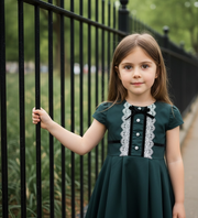 Girls Vintage dark green Dress beautfiful White Lace Cotton long dresses 3-7Y