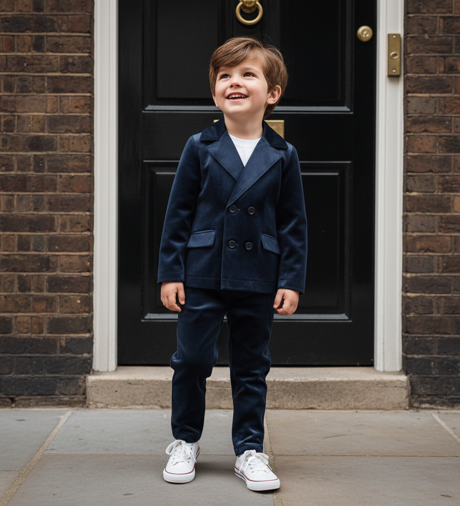 Boys Velvet Suit Set 3-10Y Navy Blazer & Trousers Casual & Stylish clearance