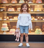 Girls Soft Modal T-Shirt with Vintage Lace  White & Light Grey summer top 3-7Y