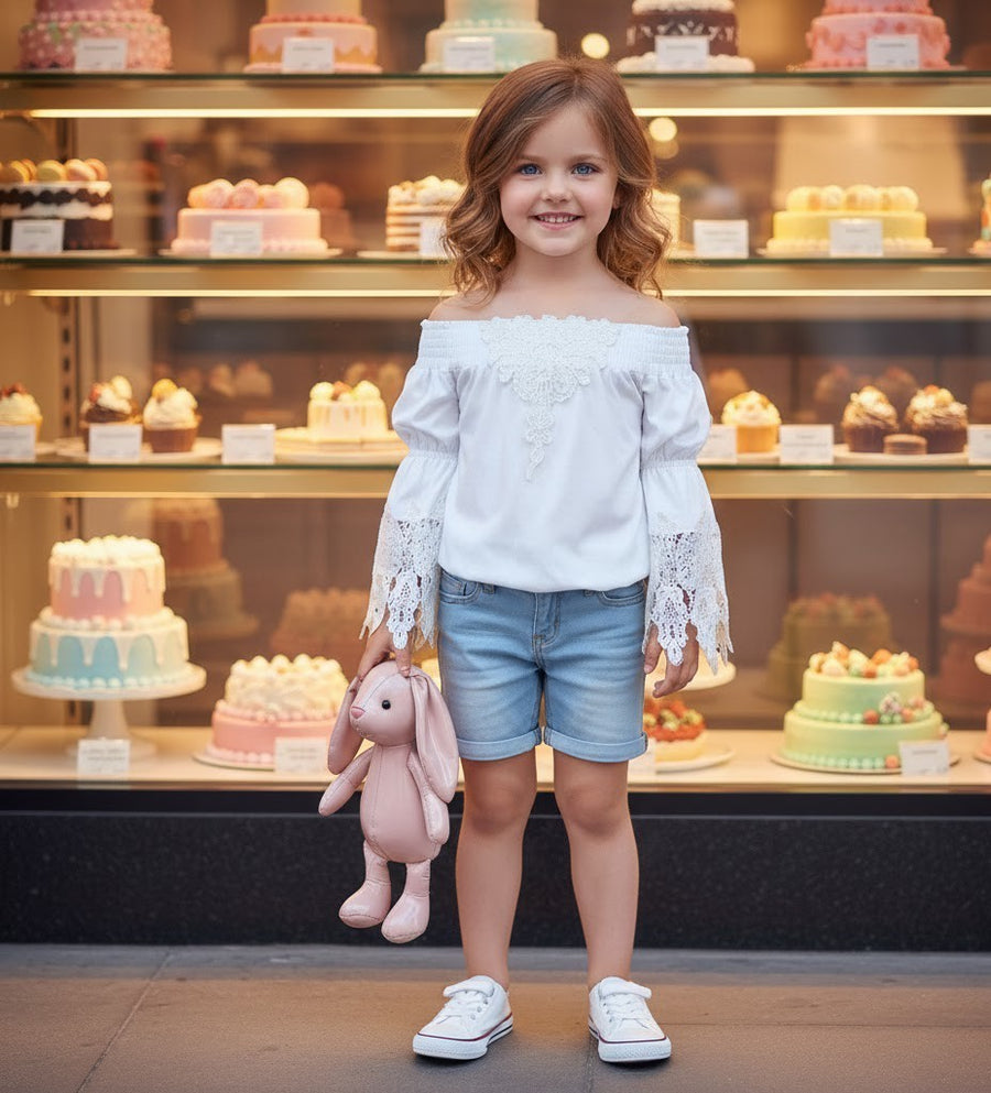 Girls Soft Modal T-Shirt with Vintage Lace  White & Light Grey summer top 3-7Y