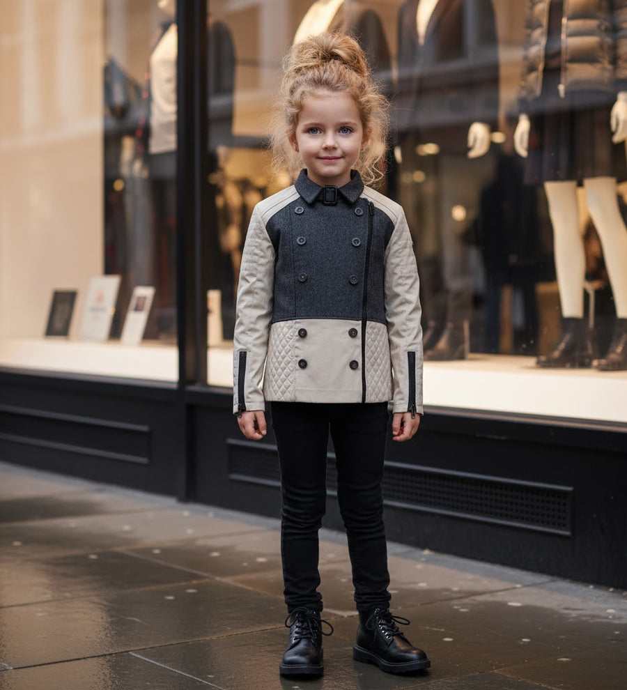 Girls Color Block short Trench Coat 4-12Y beige & Dark Gray autumn jacket kids