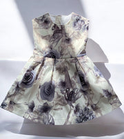 Girls Smoke Grey Sleeveless Floral Cocktail Dress with Elegant Bow
