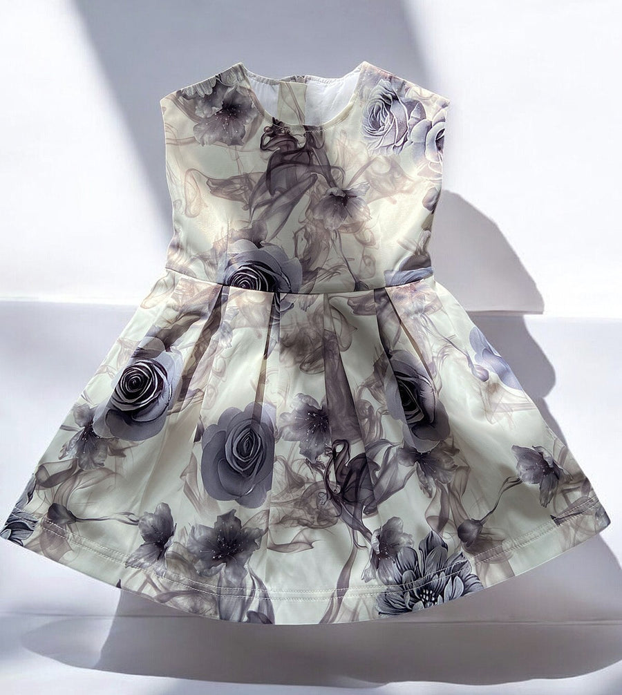 Girls Smoke Grey Sleeveless Floral Cocktail Dress with Elegant Bow