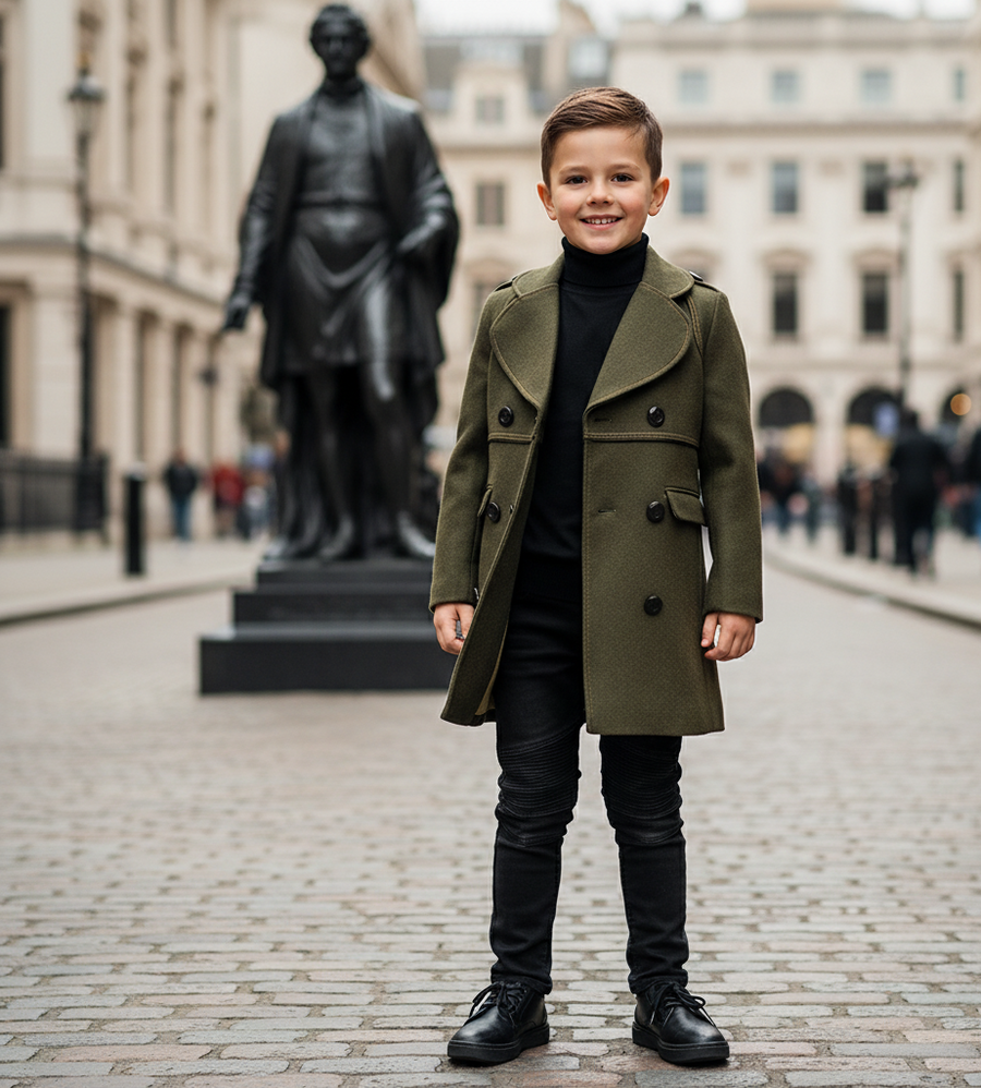 boys Winter Wool Coat 3-12Y long  Double Breasted Military Style Warm 2025 new